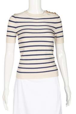 ZIMMERMANN White Navy Striped Knit Short Sleeve Top Gold Button Shoulder Size M